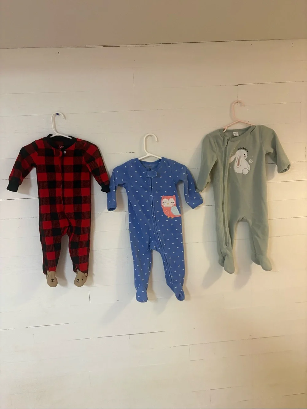 Baby 9M Fleece Footed Pajamas Lot of 3 Carters PL Baby Owl Bunny Plaid